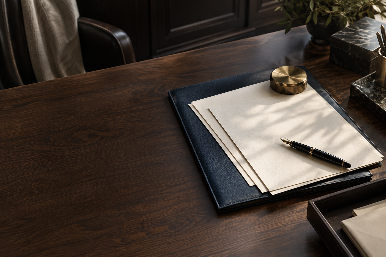 A navy document folder, cream papers, and fountain pen arranged on a walnut desk